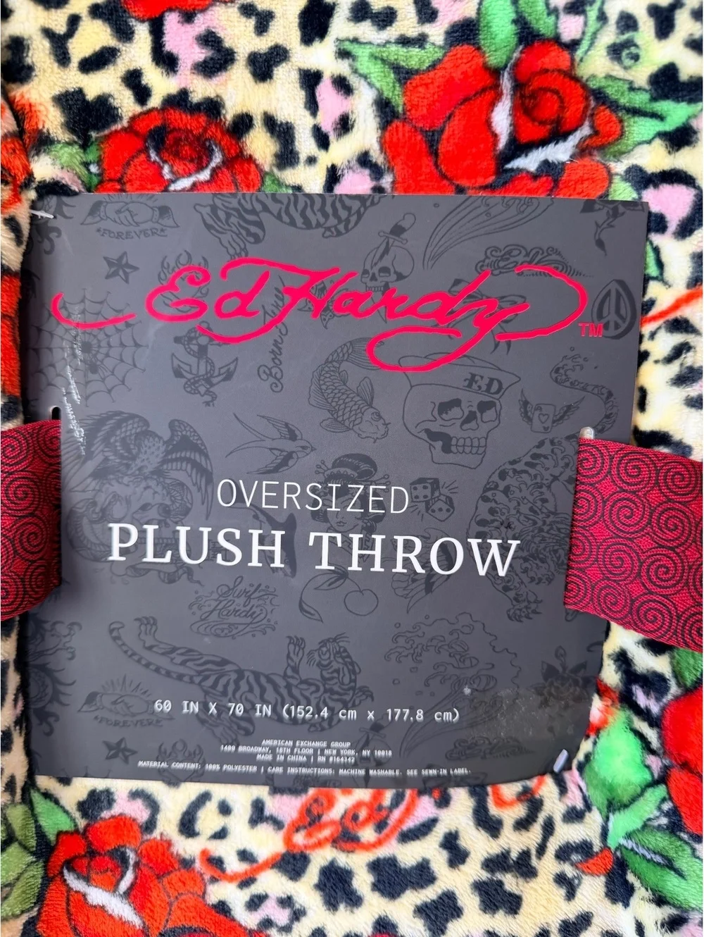 Ed Hardy Oversized Plush Throw Blanket 60x70 Inch Leopard Rose Print